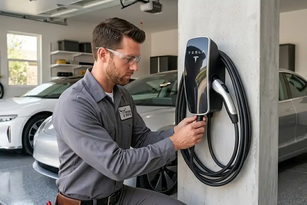 Level 2 home EV charger installed in a garage by Southern Circuit Co.